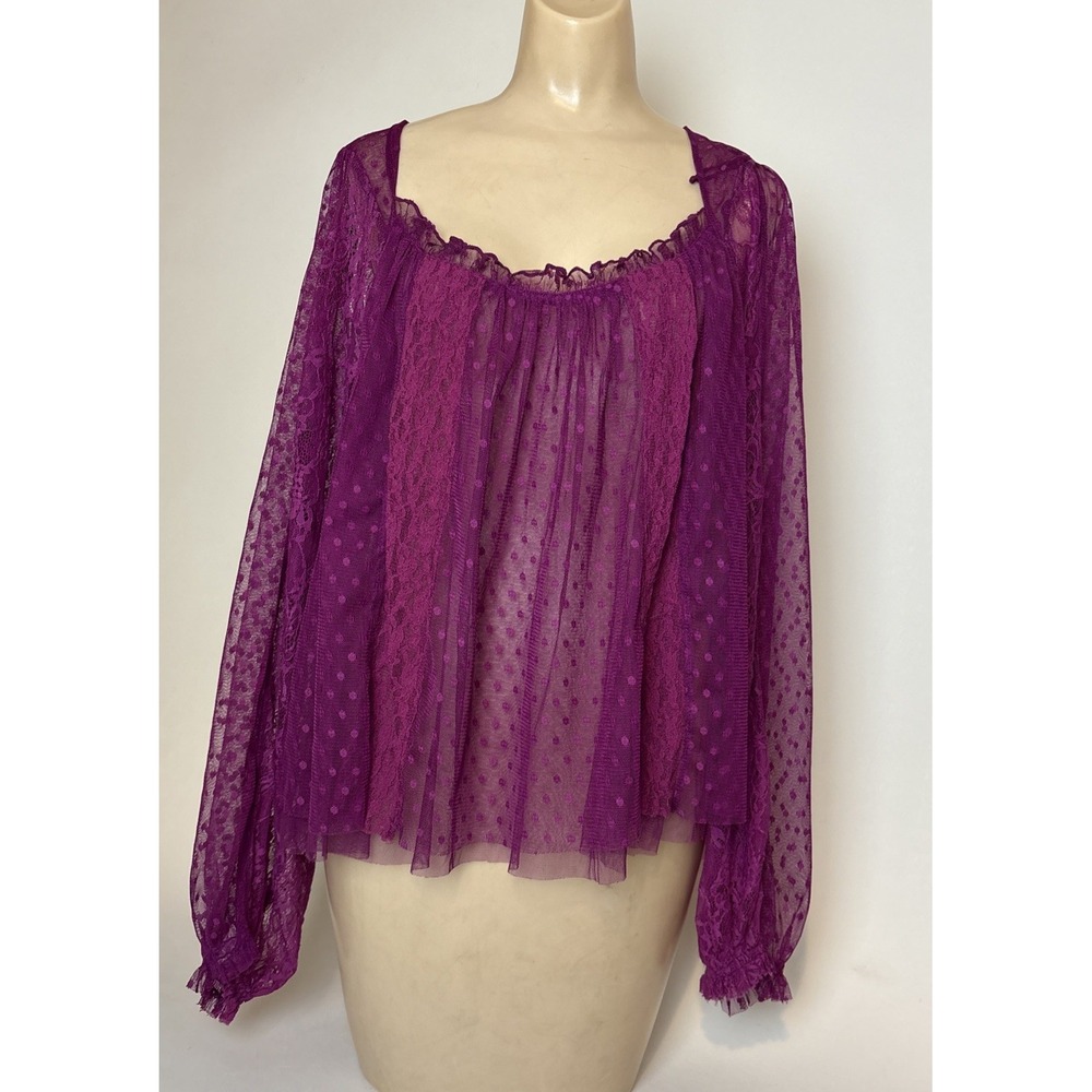 Free People A Little Love Lace Peasant Top Purple/Magenta Sheer Size XL